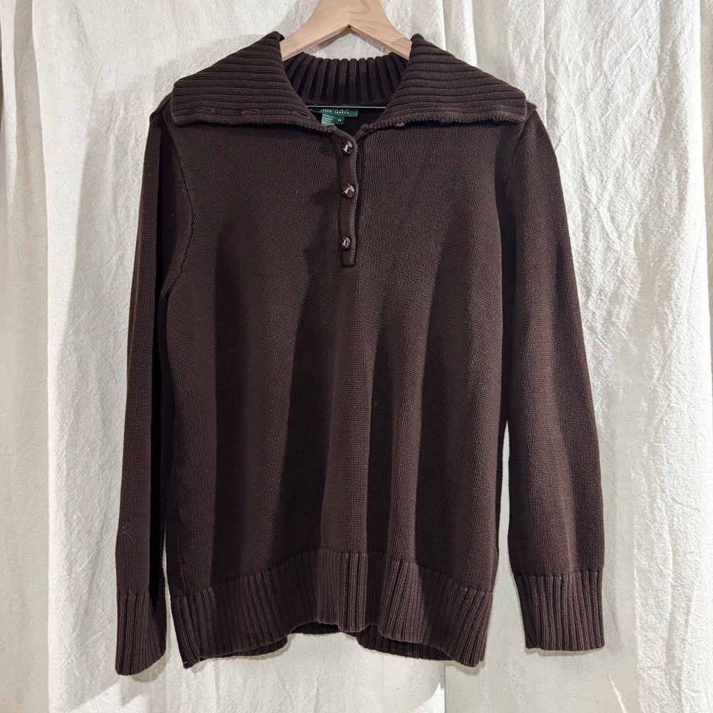 Lauren Ralph Lauren Brown Cotton Shawl Collar Henley Sweater Womens 2X